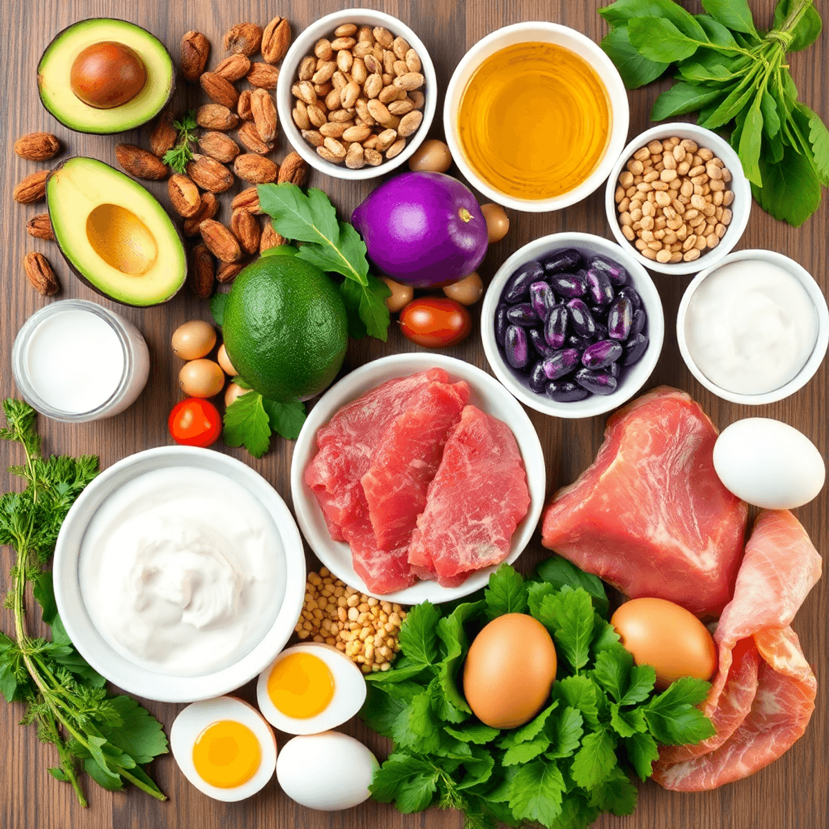 Flat lay of various foods like avocados, nuts, olive oil, seeds, plant milk, lean meats, beans, yogurt, eggs, and fish on a wooden table.