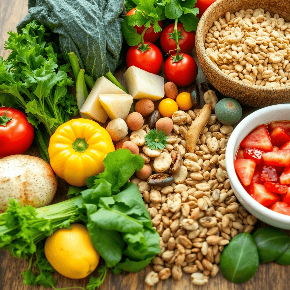 Close-up of a healthy meal with fresh vegetables, fruits, nuts, and whole grains on a wooden table, symbolizing balanced insulin resistance diet.
