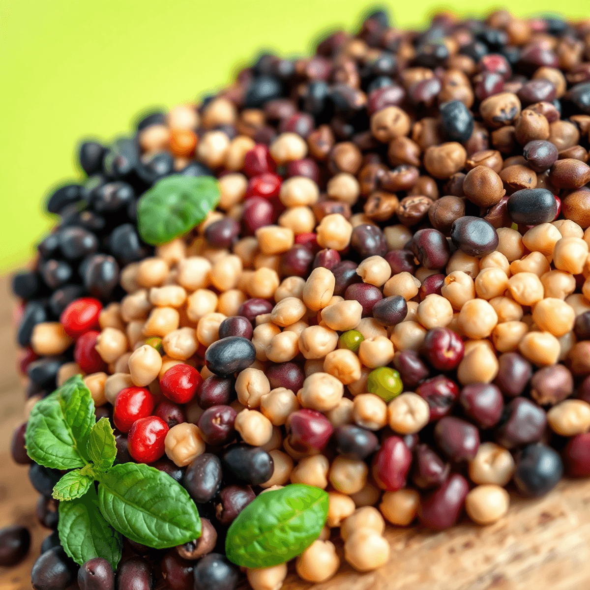 A colorful bowl filled with an assortment of legumes like black beans, chickpeas, navy beans, and split peas, highlighting their textures against a bright background.