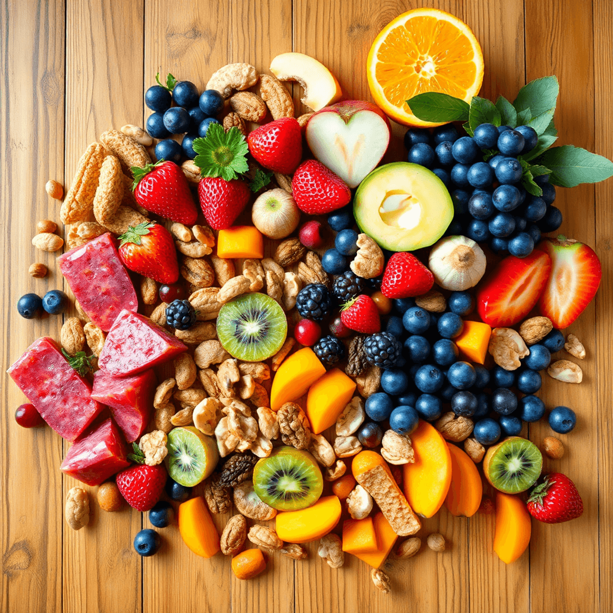 Assorted colorful fruits, nuts, and healthy snacks artistically arranged on a wooden table, showcasing a transition to nutritious flavors.