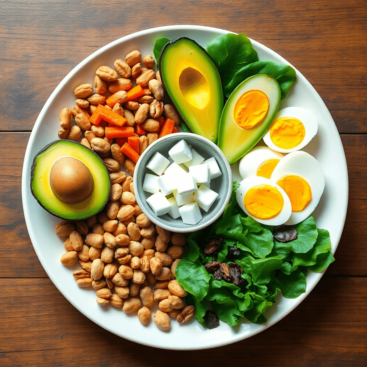A colorful keto-friendly plate with avocados, nuts, eggs, and leafy greens on a wooden table, next to a crossed-out bowl of sugar cubes.