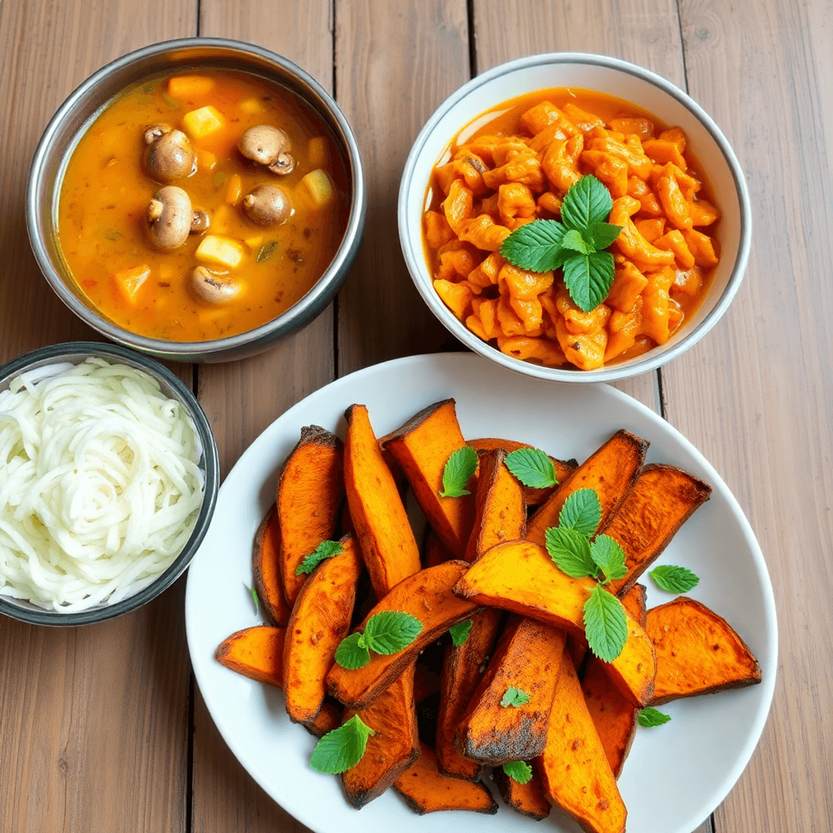 A colorful spread of vegetable rasam with mushrooms and roasted sweet potato wedges garnished with mint and cumin on a rustic wooden table.