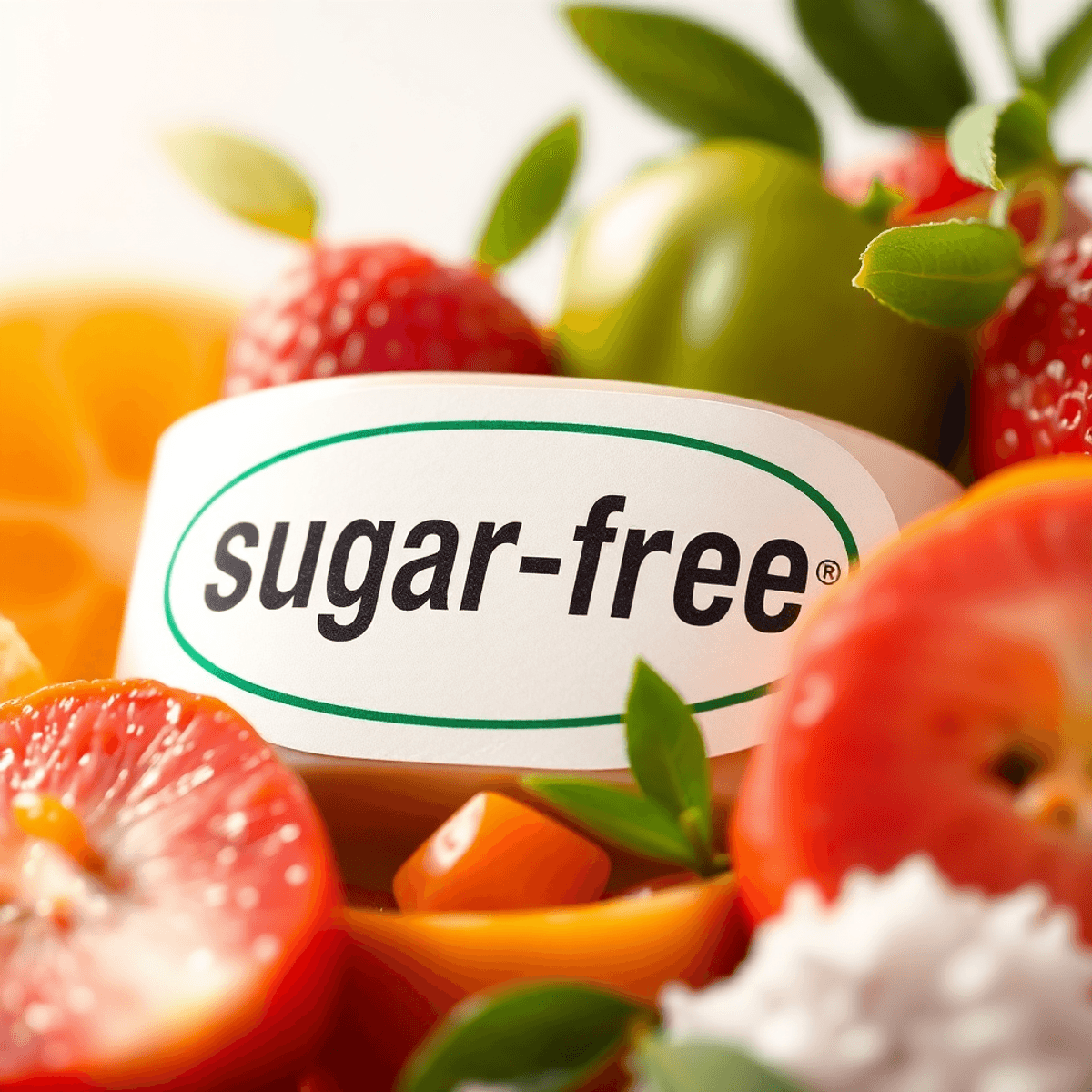 close up of the sugar free label surrounded by a colorful pool of fruits and other foods