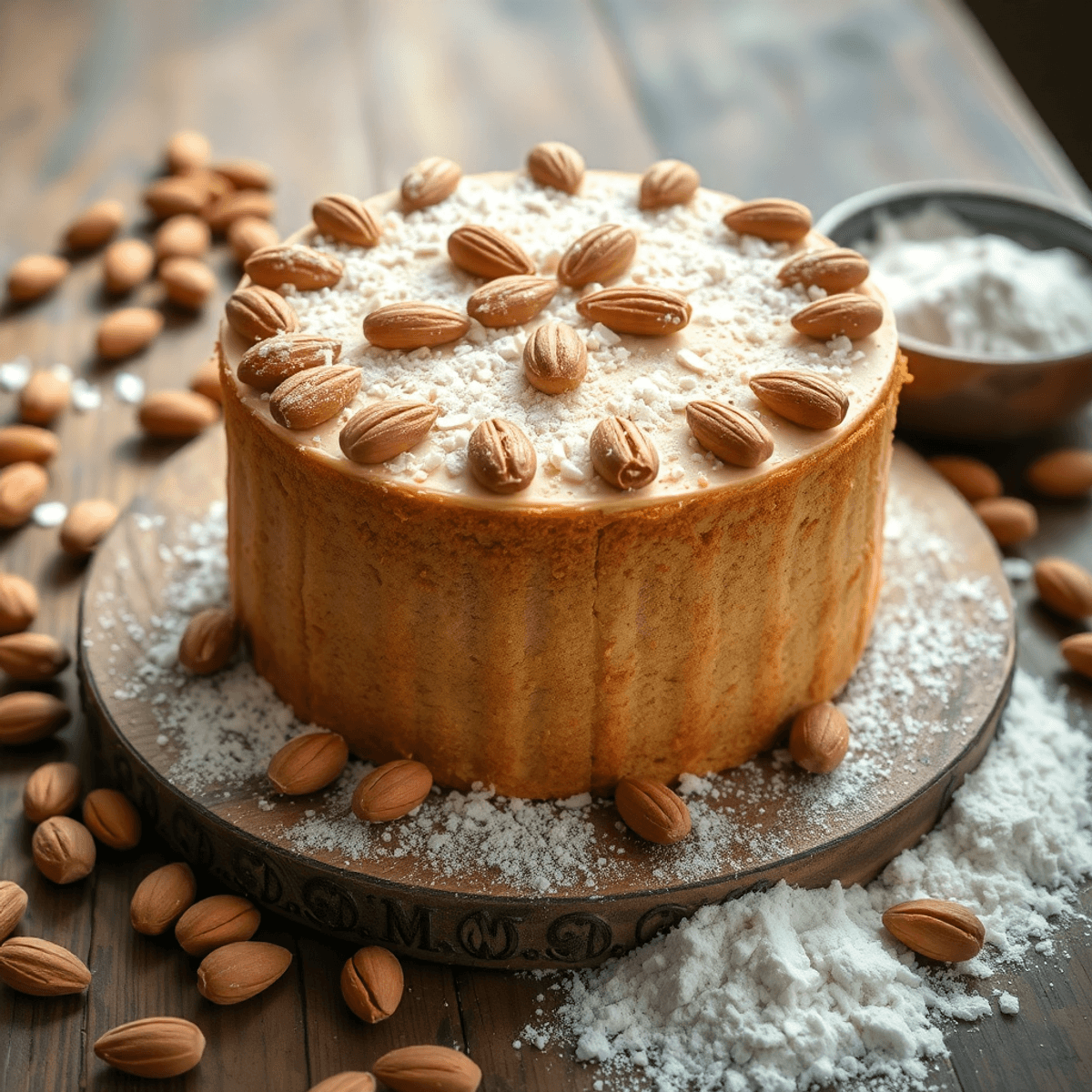 Close-up of a decorated sugar-free almond flour cake on a rustic table, surrounded by whole almonds and almond flour, with soft natural lighting.