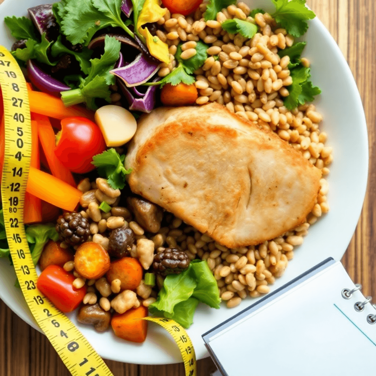 A close-up of a vibrant meal plate with colorful vegetables, whole grains, and lean protein, accompanied by a measuring tape and notepad for mindful eating.