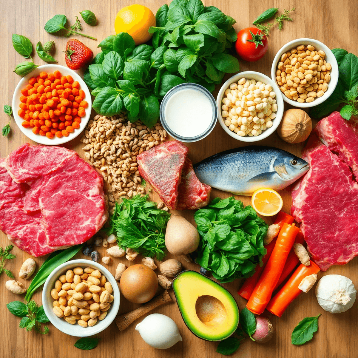 Flat lay of various micronutrient-rich foods like meats, greens, legumes, dairy, nuts, and oils on a wooden table with bright natural light.