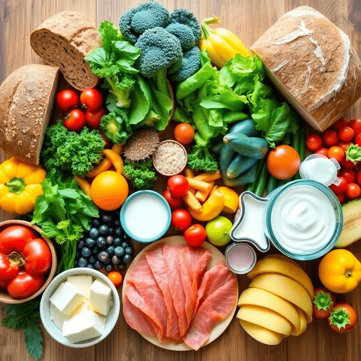 A colorful spread of whole grain breads, fresh fruits, vegetables, lean proteins, and low-fat dairy on a wooden table.