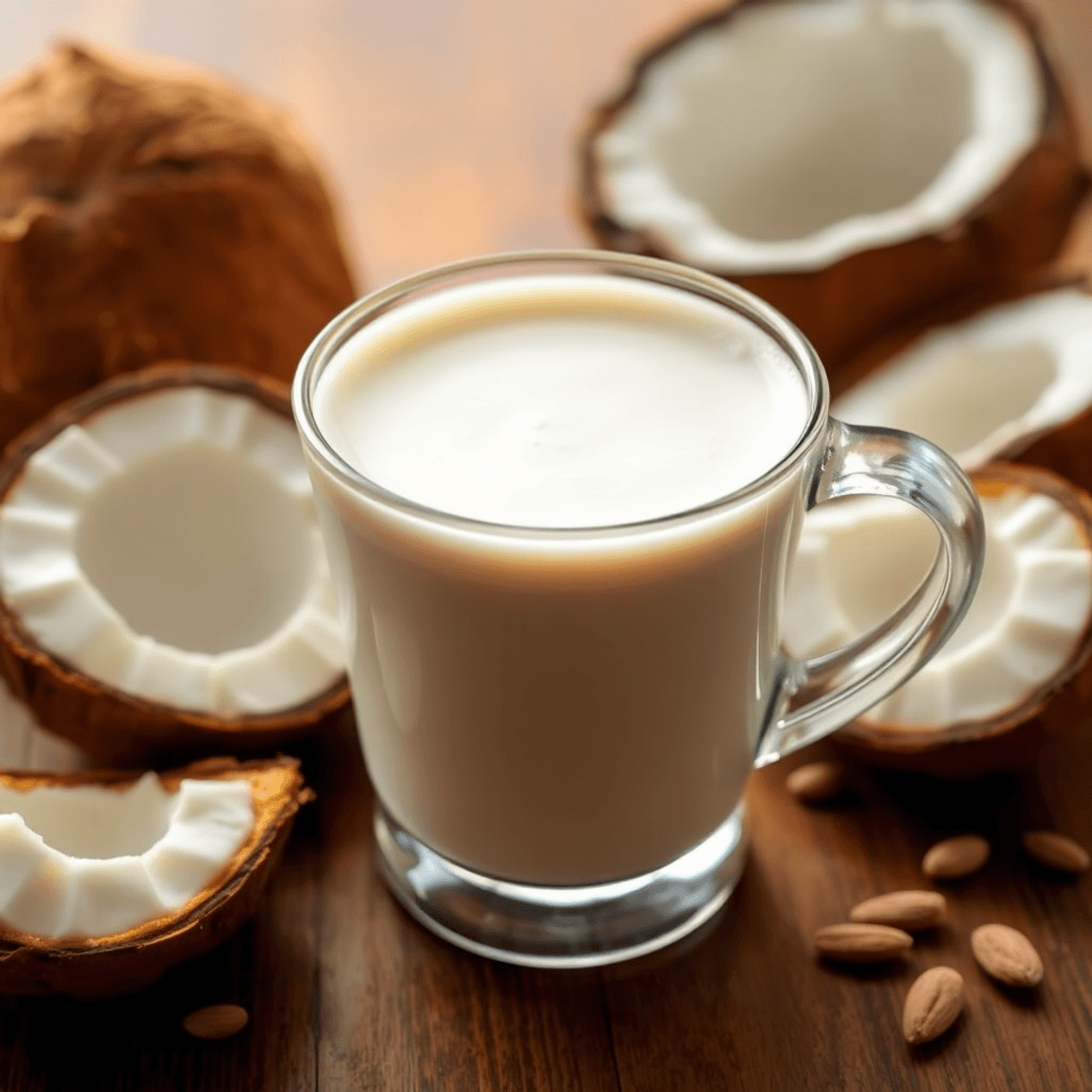 Close-up of a creamy coconut milk latte in a clear glass, with fresh coconuts and almond flour cake on a wooden table in warm natural light.