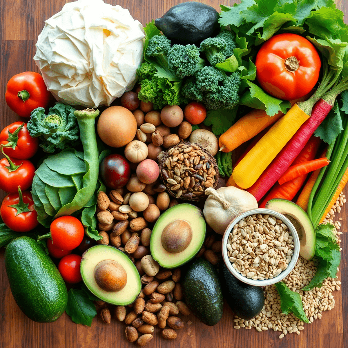A colorful spread of fresh vegetables, nuts, seeds, avocados, and grains arranged on a wooden table representing a nutritious diet.
