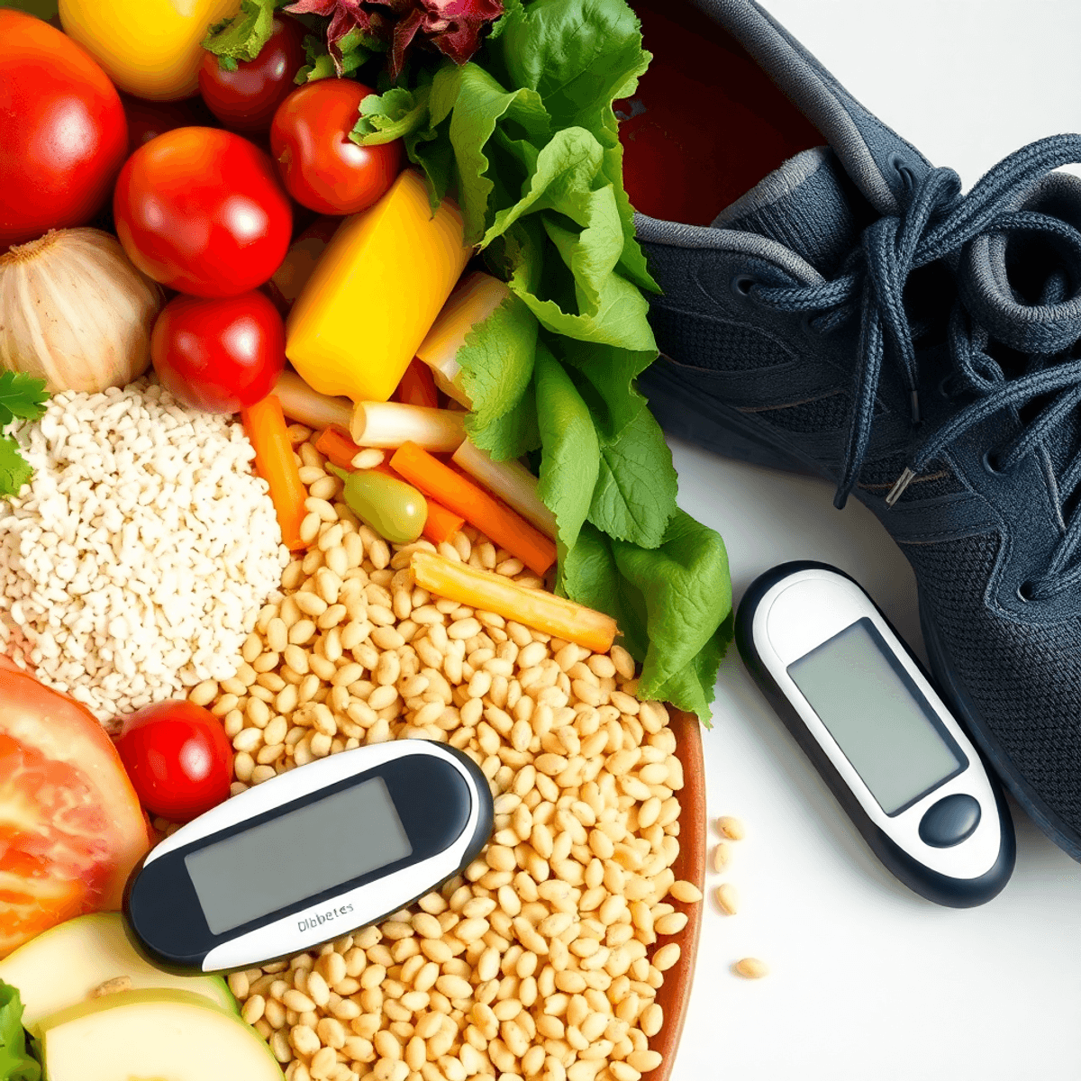 Close-up of a healthy meal with fruits, vegetables, whole grains, running shoes, and a glucose monitor, representing diabetes prevention and healthy living.