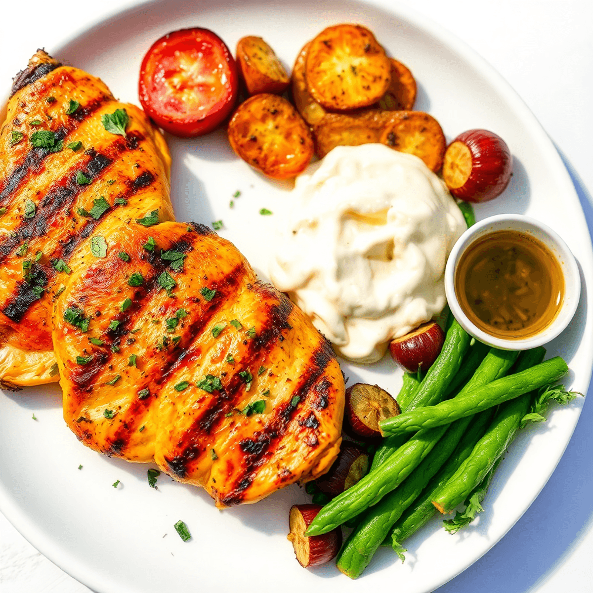 Grilled chicken with fresh herbs, roasted vegetables, and a small bowl of olive oil and vinegar dressing on a vibrant plate against a bright background.