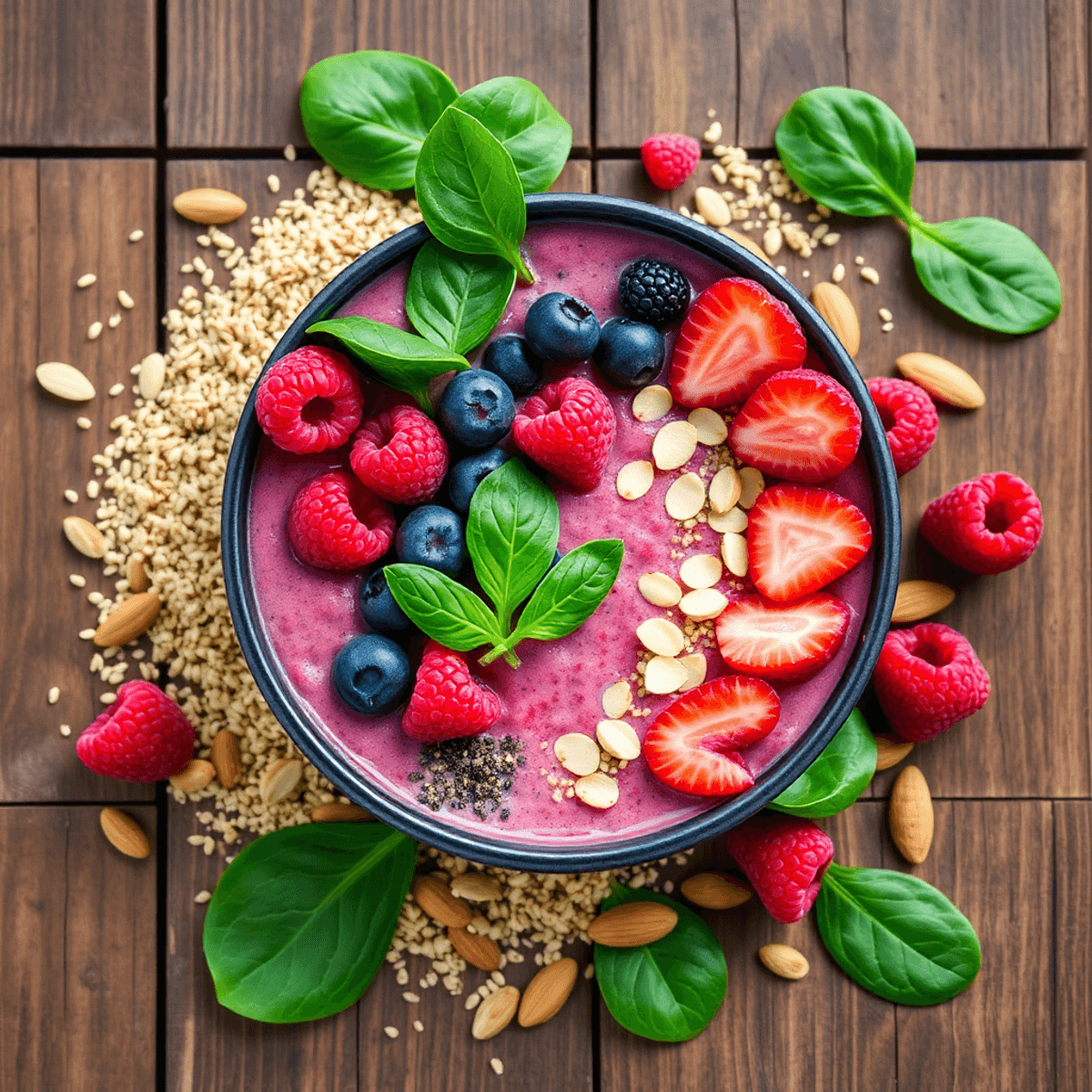 Colorful smoothie bowl with berries, spinach, almond milk, quinoa flakes, chia seeds, almonds, and raspberries on a rustic wooden table.