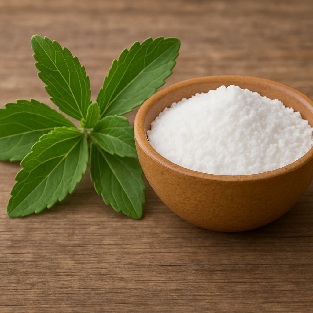 A close-up image of fresh green stevia leaves placed beside a wooden bowl filled with coarse white stevia powder on a wooden surface.