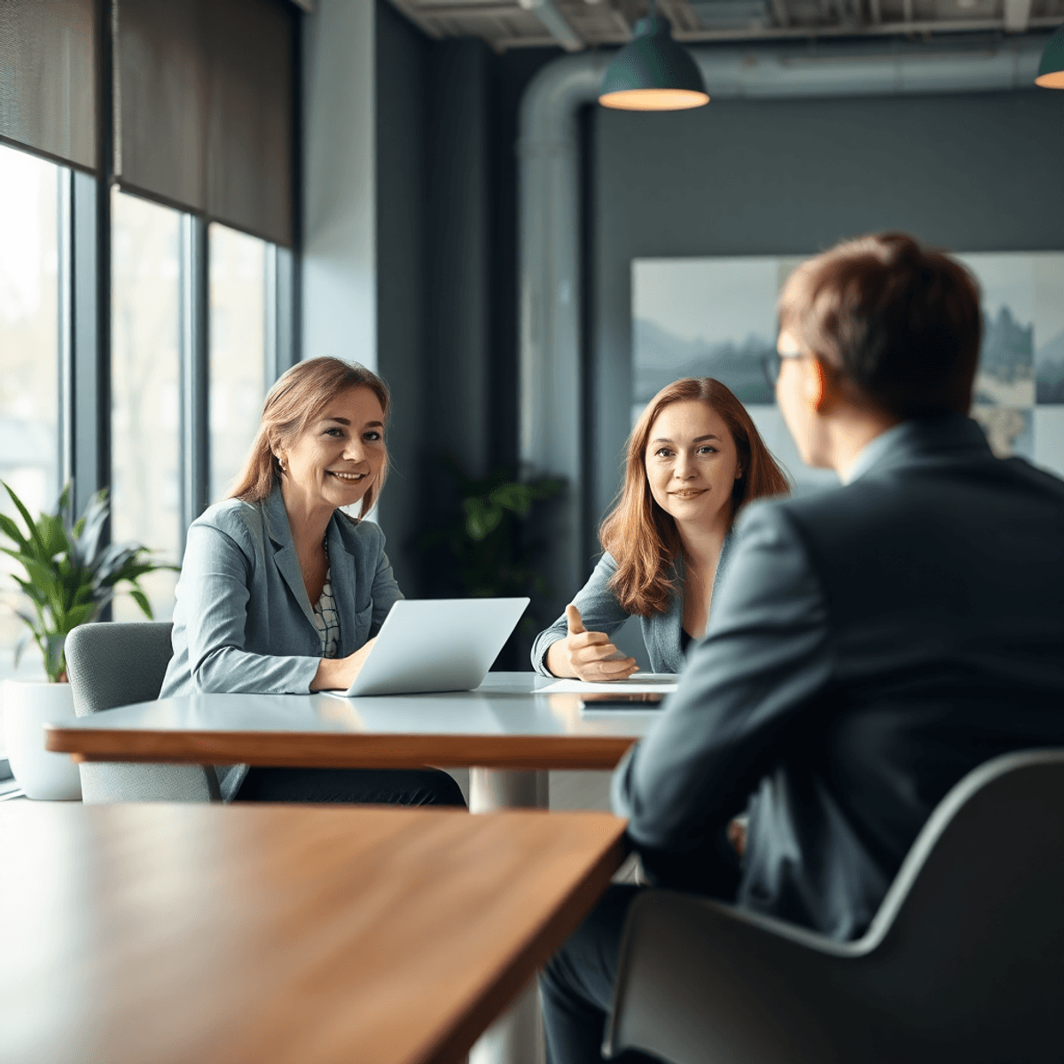 A confident professional woman and client engaged in a warm, collaborative conversation at a modern workspace with soft natural light.