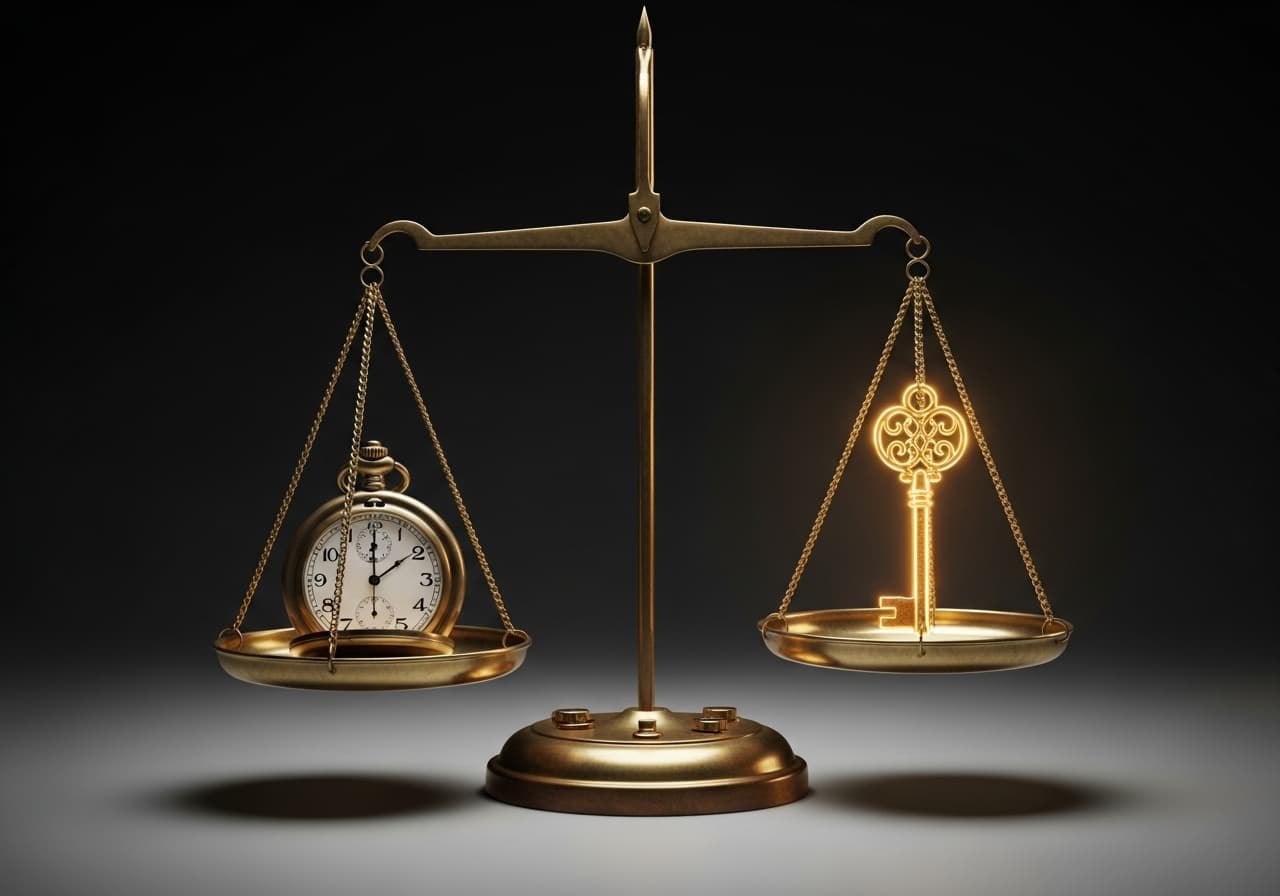 An elegant brass scale weighing a vintage pocket watch on one side against a heavier, glowing golden key on the other, symbolizing the greater weight of expertise over hourly time.
