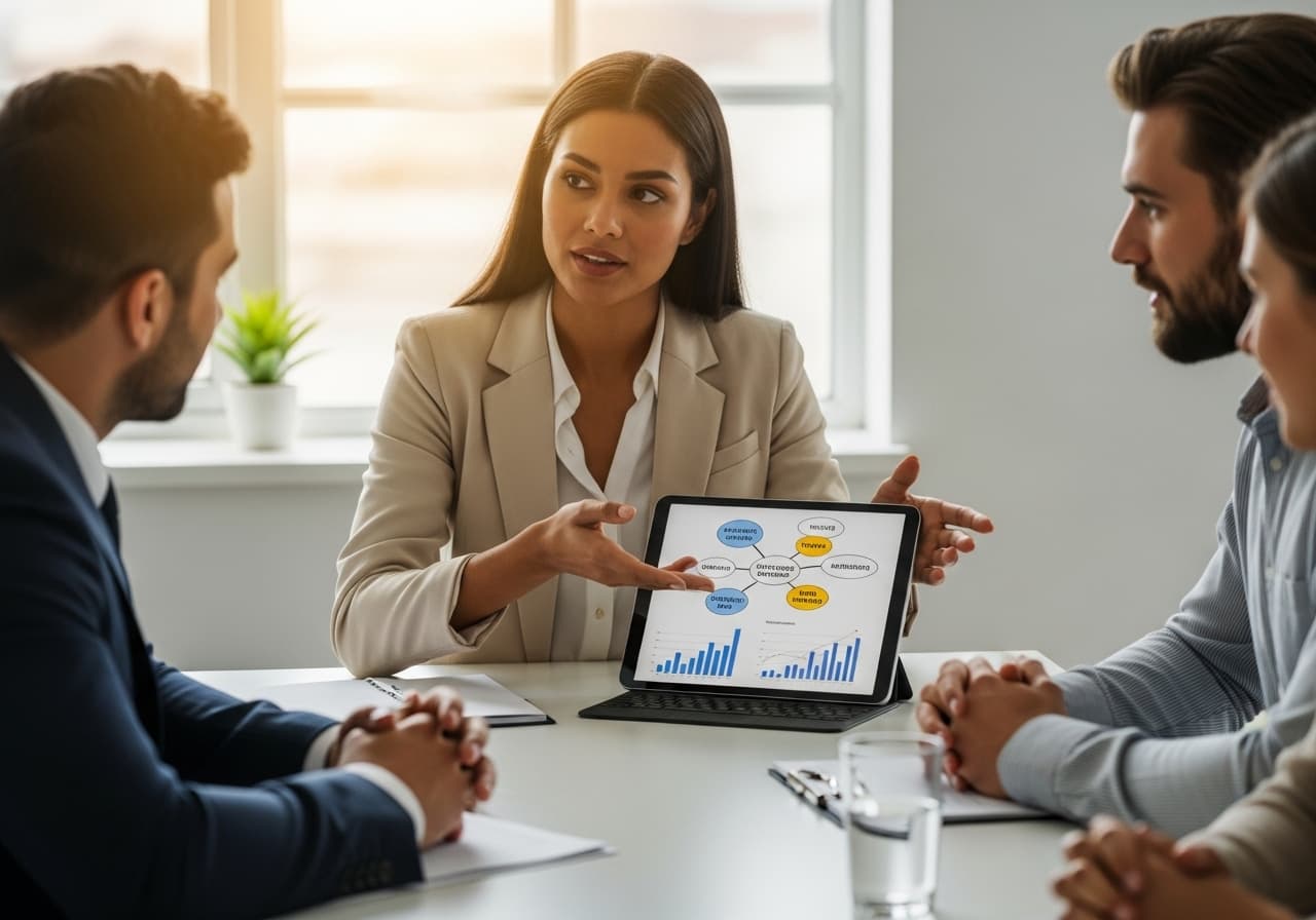 A confident female consultant leading a strategic discussion with engaged clients, showcasing a shift from a service provider to a valued, collaborative partner.