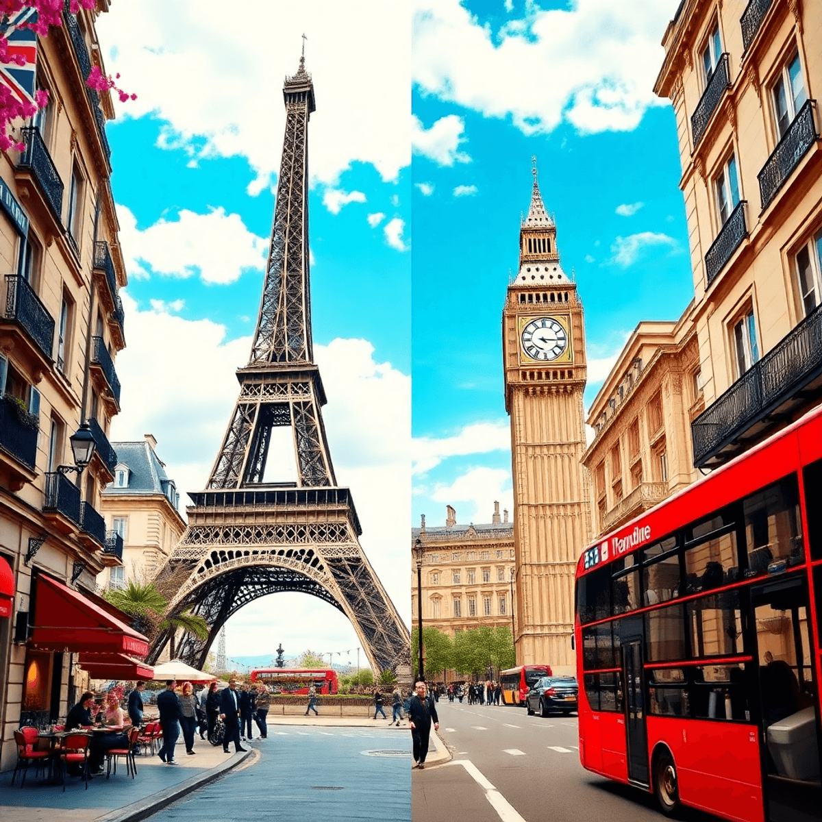 A split view of the Eiffel Tower and Big Ben, surrounded by Parisian cafes and London's red buses, in bright colors that evoke wanderlust and adventure.