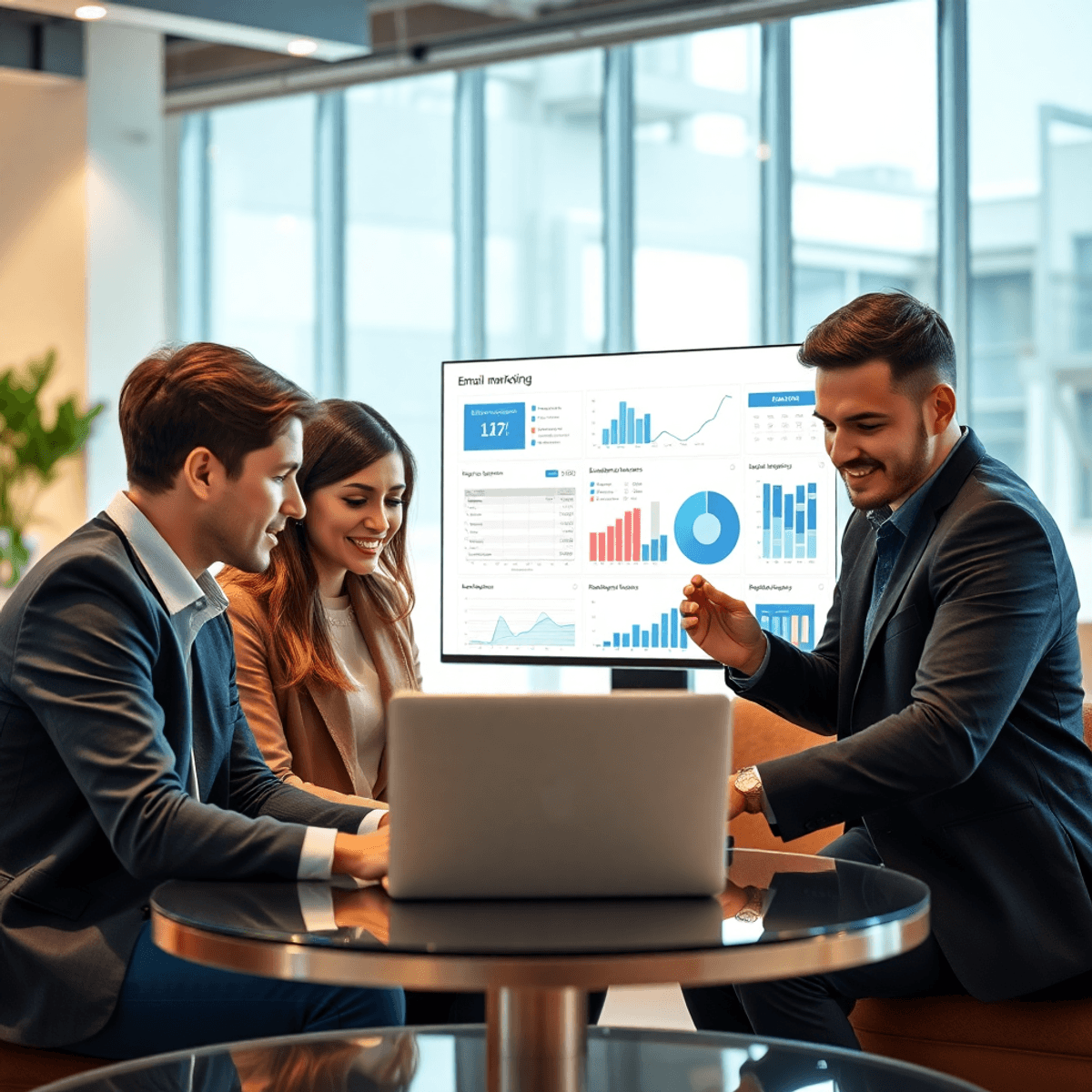 A group of professionals collaborating around a laptop, analyzing colorful graphs and charts on the screen, in a modern, inviting workspace symbolizing teamwork in digital marketing.