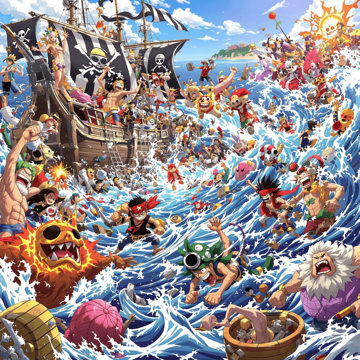 A vibrant pirate-themed illustration featuring a ship, treasure chests, and swirling waves, with characters in dynamic battle poses showcasing unique powers against a bright sky.