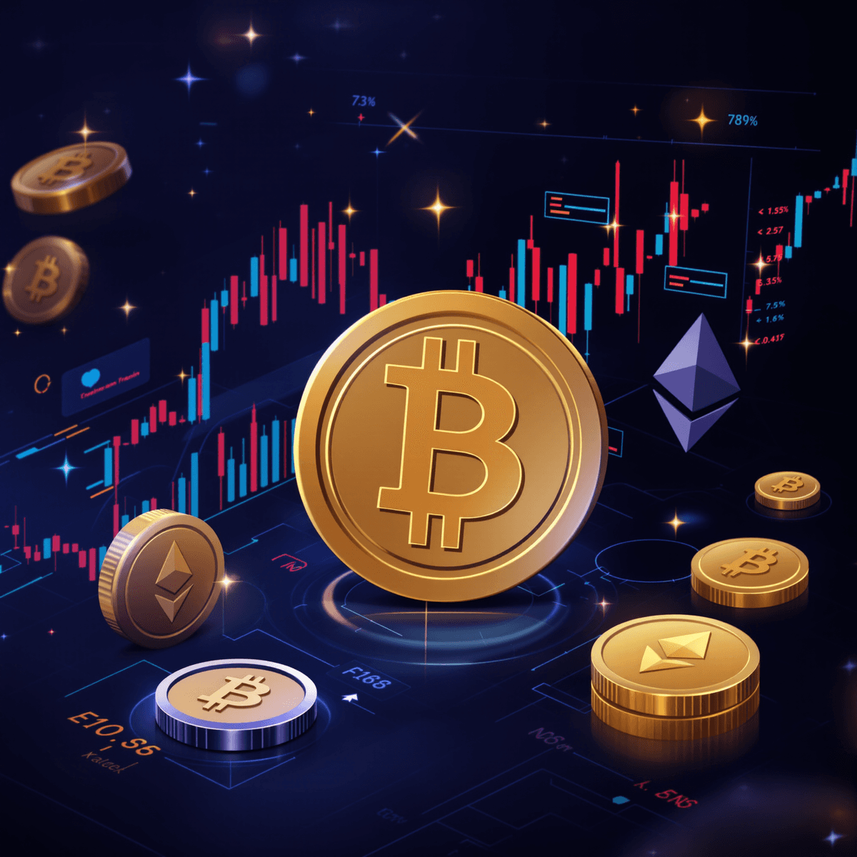 A modern graphic showcasing Bitcoin and Ethereum coins, a digital market trend chart, and a dark interface, symbolizing the dual nature of cryptocurrency investment.