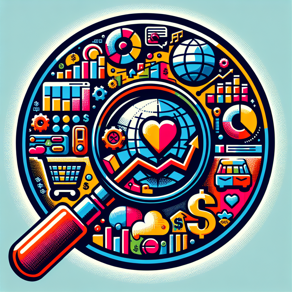 An image of a magnifying glass with symbols representing market research and product opportunities such as graphs, barcodes, cart logos, globe, and dollar symbol inside the lens.