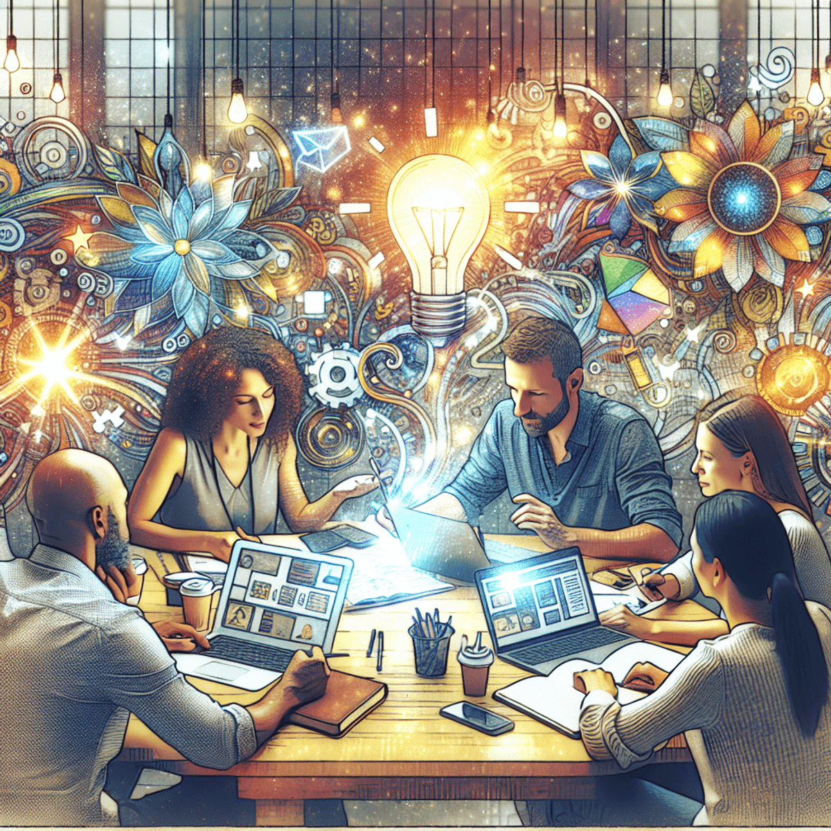 The Secret to Skyrocket Your Blog Traffic with These Must-Have Information Products 1 A diverse group of three individuals engaged in a brainstorming session around a table cluttered with laptops, notebooks, and illustrated images representing e-book covers. The Caucasian woman has shoulder-length brown hair and wears a bright yellow blouse, while the Hispanic man sports short black hair and a casual blue shirt. The Asian woman has long black hair tied in a ponytail and is dressed in a green top. The setting is bright and warm, with natural light illuminating their focused expressions, symbolizing teamwork and creativity in digital content creation. No legible text is present in the image.