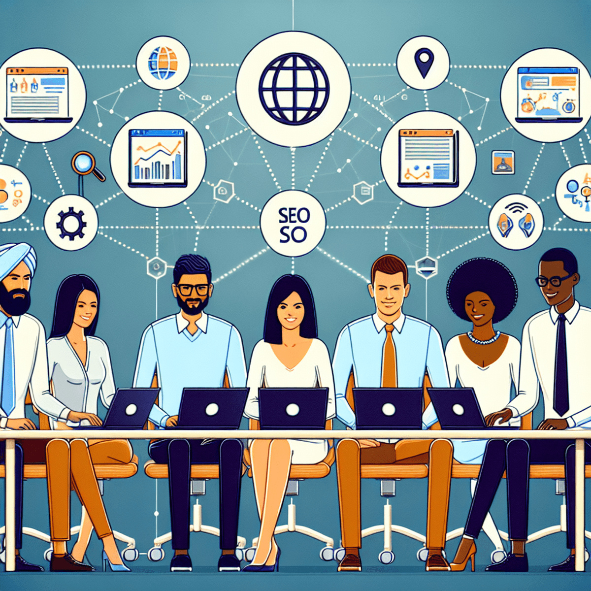 A digital art representation of various SEO tools arranged in a circle, symbolizing SEO group buys.