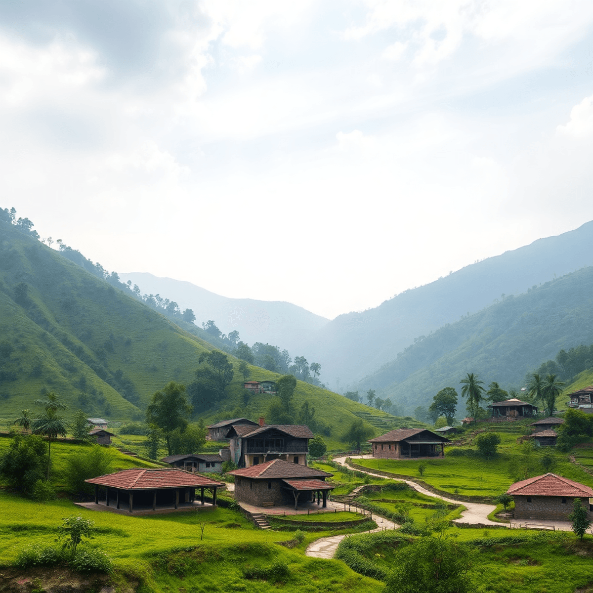 Ayurveda Gram 2 उत्तराखंड के शांत गांव का दृश्य, हरे पहाड़, पारंपरिक घर और आयुर्वेदिक पौधे। समुदाय की सहभागिता और स्वास्थ्य का प्रतीक। आशा और सकारात्मकता का माहौल।