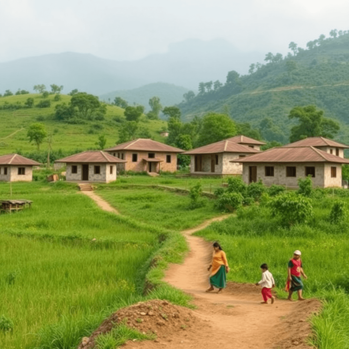 Ayurveda Gram 4 एक शांत गाँव का दृश्य, जहाँ पहाड़ी क्षेत्र में पारंपरिक घर हैं। हरी भरी प्रकृति के बीच युवा स्वास्थ्य सेवाओं में लगे हुए हैं, सामुदायिक विकास का प्रतीक।