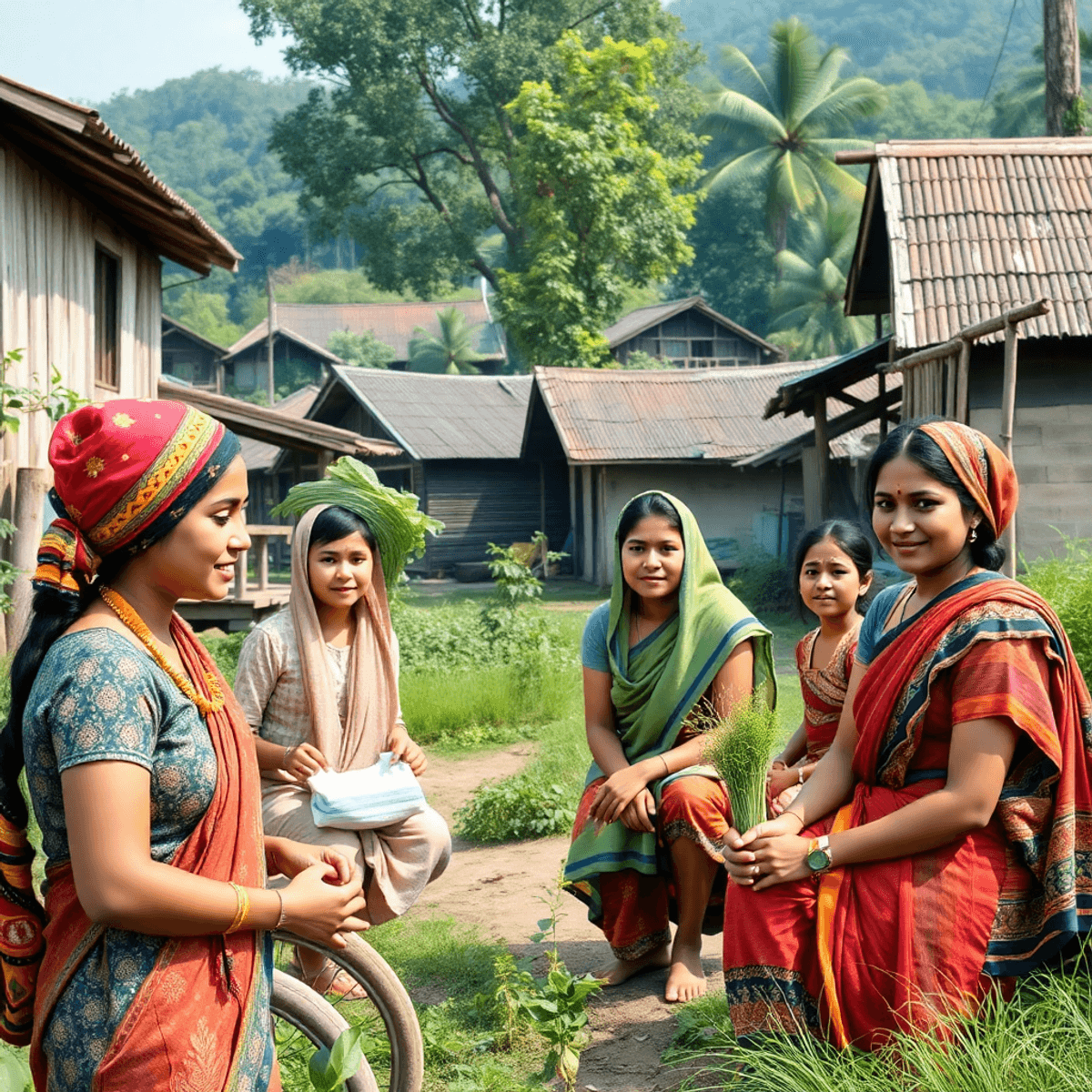 Ayurveda Gram 3 गाँव के दृश्य में युवा स्वास्थ्य कार्यकर्ता समुदाय के सदस्यों के साथ बातचीत कर रहे हैं, हरे-भरे पेड़, पारंपरिक घर और आयुर्वेदिक जड़ी-बूटियाँ दिखा रहे हैं।