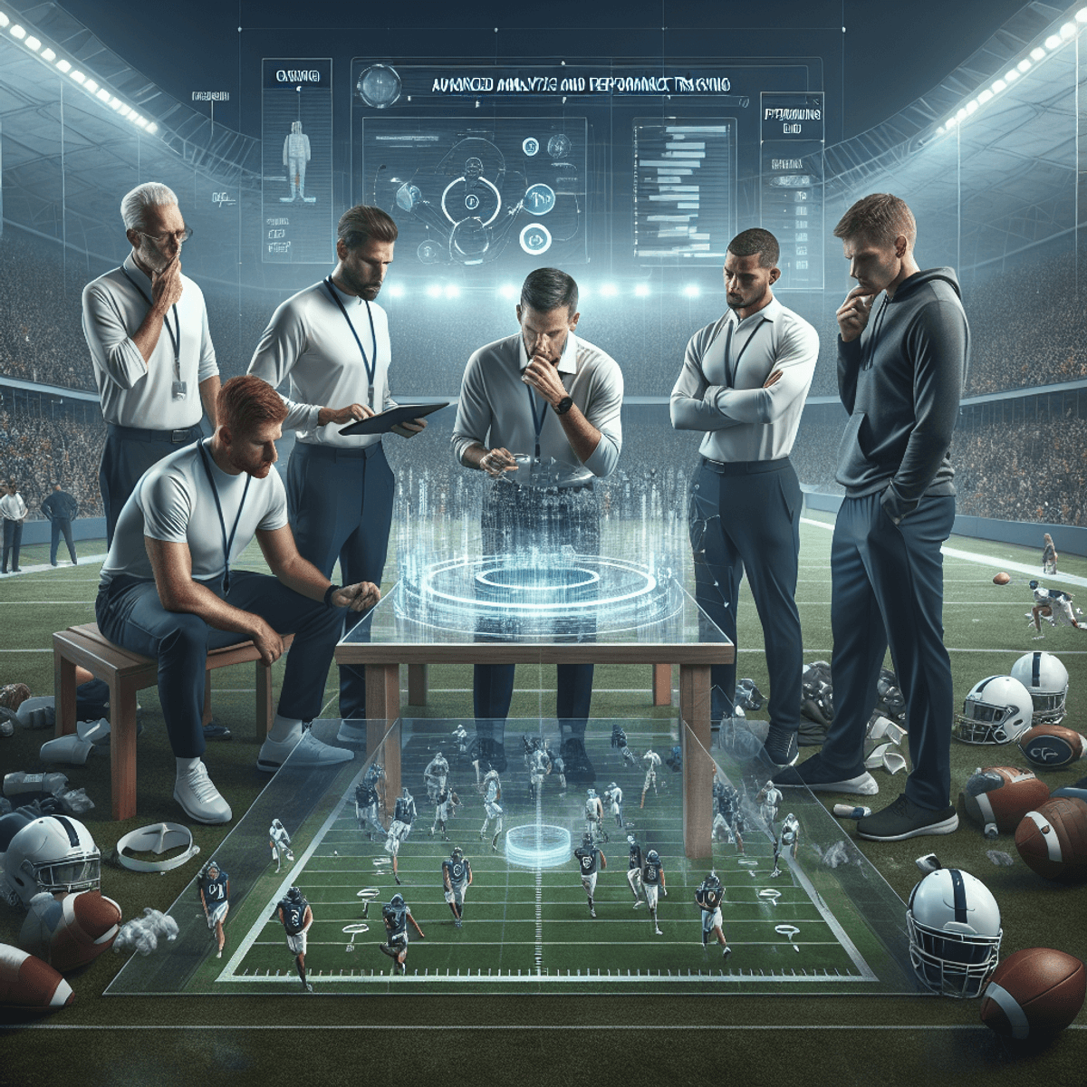 A diverse group of Caucasian and Hispanic football coaches engaged in a team meeting, intensely reviewing advanced analytics and performance data on a digital tablet. The scene captures their focus, surrounded by a football field and various training equipment, highlighting the integration of traditional coaching methods with modern technology in sports.