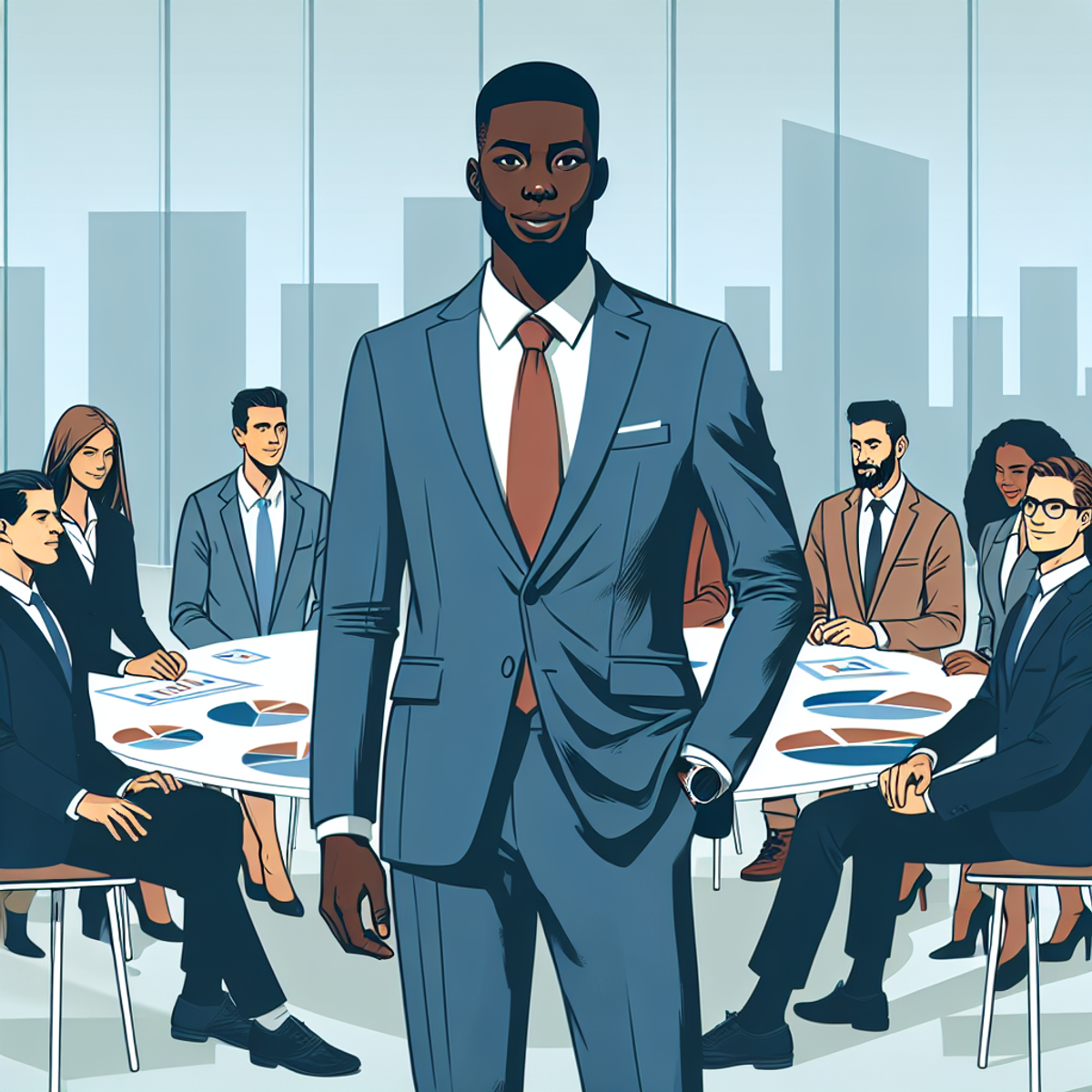 A confident Black financial advisor stands in a modern office surrounded by a diverse group of people, including South Asian, Hispanic, Middle-Eastern, and White individuals. They engage in a round-table discussion, symbolizing unity and guidance towards financial goals.