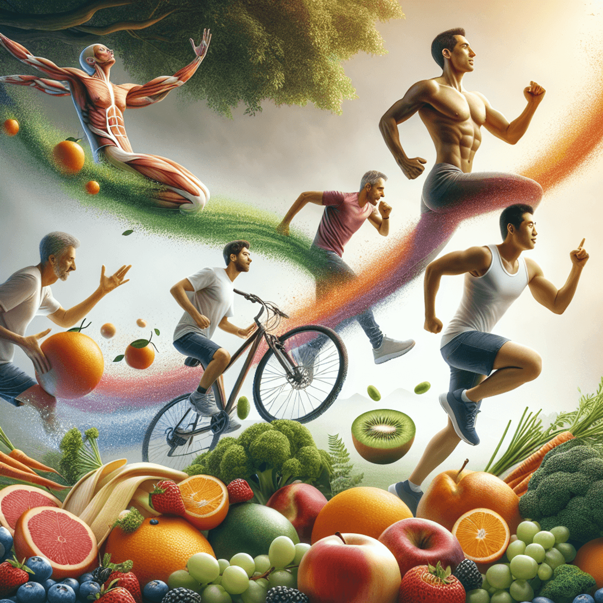 Sperm Motility Treatment Pack 3 Three men engaged in outdoor activities embodying a healthy lifestyle: a Caucasian man jogging energetically, a Hispanic man riding a bicycle with enthusiasm, and an Asian man performing dynamic stretches. Surrounding them is an array of fresh fruits and vegetables such as apples, oranges, berries, carrots, and broccoli, symbolizing nutritious eating. The scene radiates vitality and wellness.