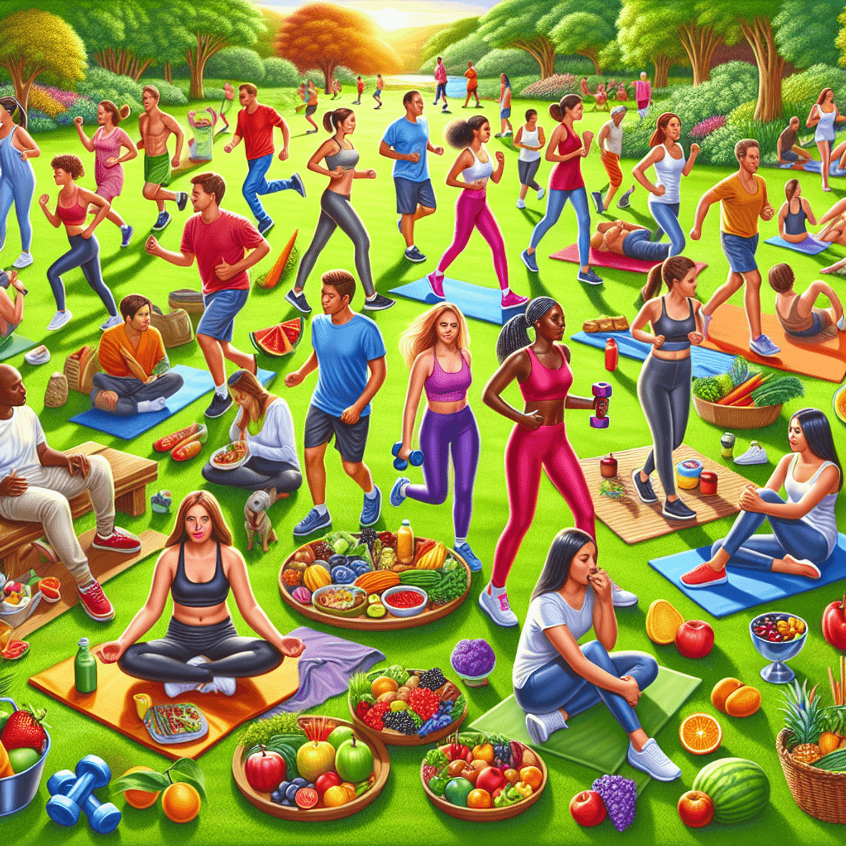 Sperm Motility Treatment Pack 4 A vibrant illustration depicting a diverse group of people, including Caucasian and Hispanic individuals, engaged in various outdoor exercises like jogging, yoga, and stretching in a lush park. Each person holds or snacks on different fruits and vegetables, radiating positive energy and vitality. Surrounding them are well-being-themed objects such as dumbbells and a balanced plate of nutritious food, emphasizing the connection between physical activity, healthy eating, and overall wellness.