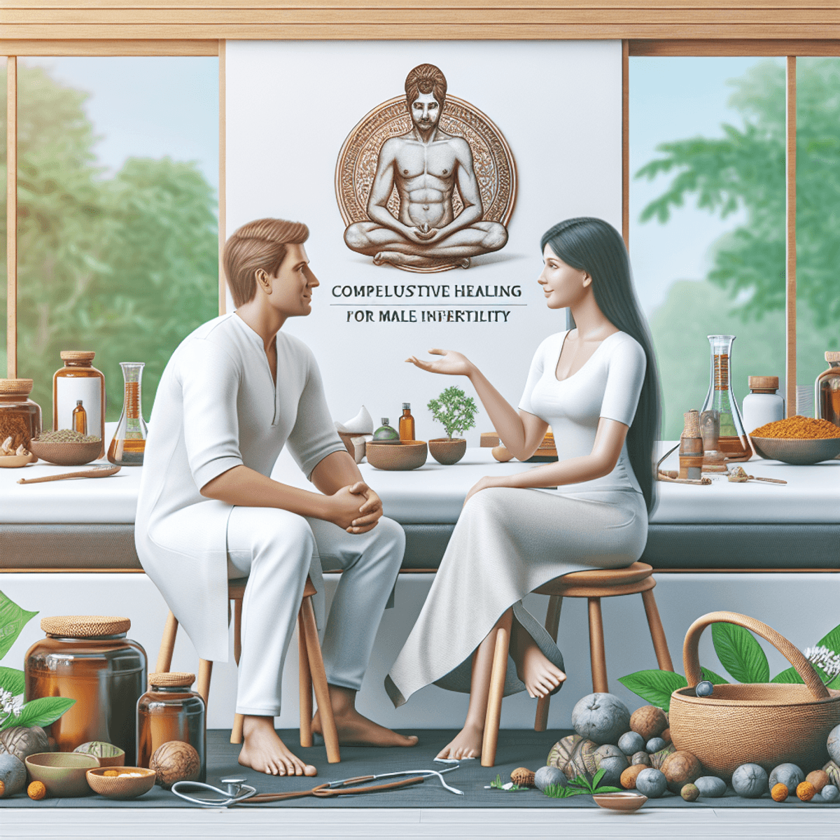 Sperm Motility Treatment Pack 5 A serene Ayurvedic clinic interior featuring a Caucasian male and an Asian female engaged in a thoughtful conversation. The room is adorned with shelves of herbal remedies, traditional Ayurvedic instruments like a wooden massage table and oil jars, and large windows revealing a lush green garden outside. Soft lighting creates a calm atmosphere, emphasizing the theme of holistic healing for male infertility.