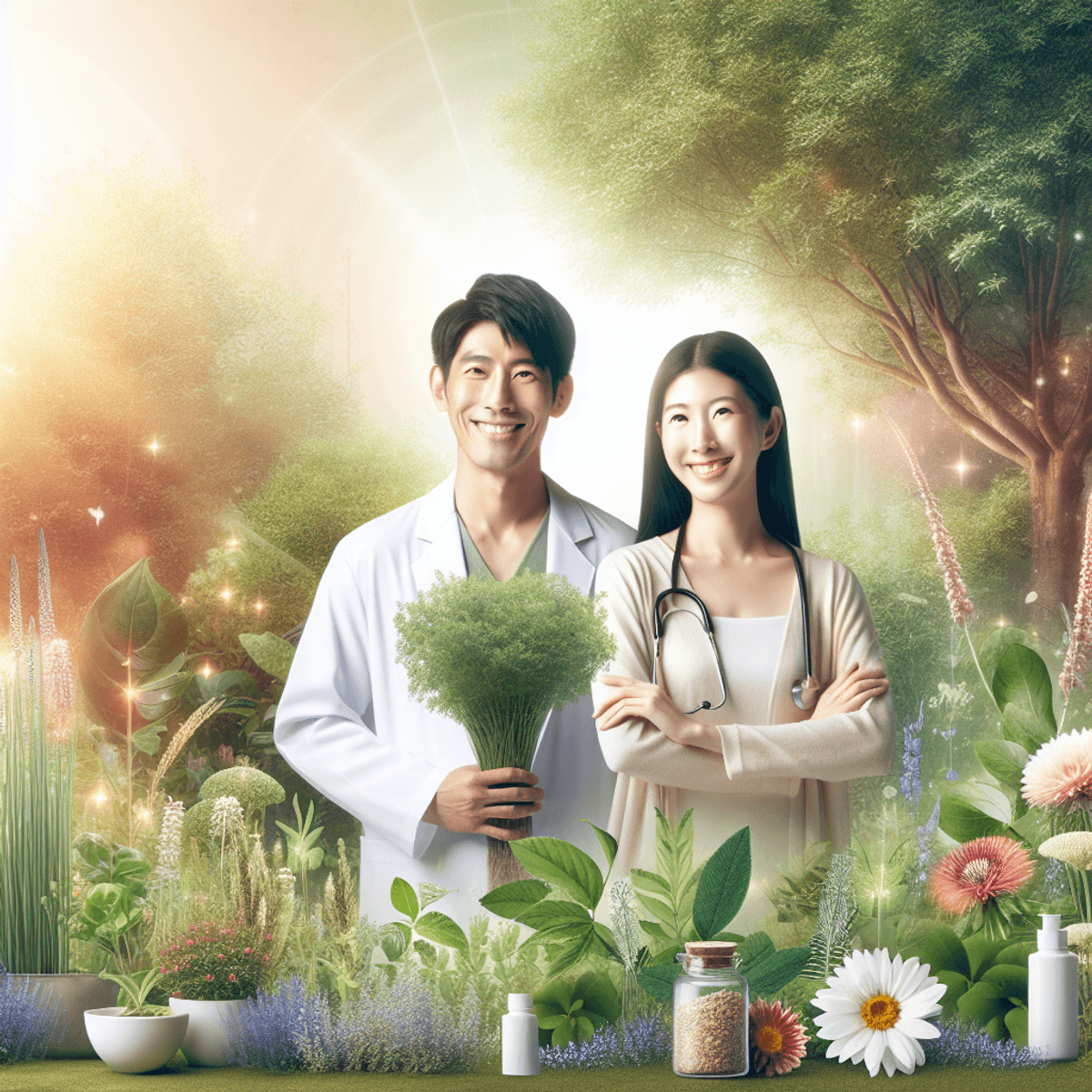 Sperm Motility Treatment Pack 6 A joyous Asian couple stands in a lush garden filled with diverse plants, flowers, and herbs, radiating hope and wellness. They embody a sense of fertility and health amidst the vibrant greenery.