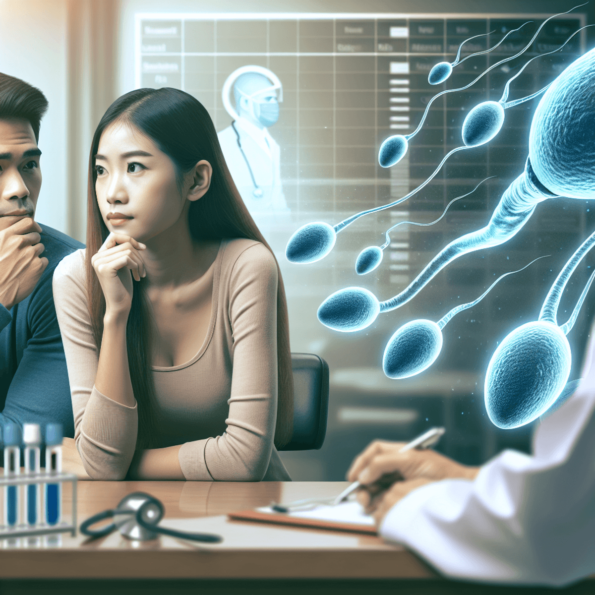 Sperm Motility Treatment Pack 2 A thoughtful Asian couple discussing fertility options in a doctor's consultation room, with a sperm analysis chart visible in the background, conveying a hopeful and understanding atmosphere.