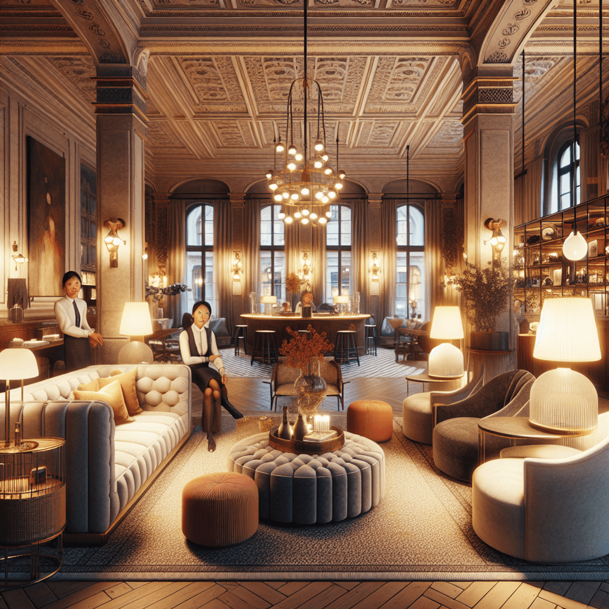 A warm and inviting boutique hotel lobby in Stockholm, featuring luxurious Scandinavian-style furnishings, unique local art pieces, and gentle warm lighting that creates a charming ambiance. Friendly hotel staff of Asian descent are seen welcoming guests, contributing to the cozy atmosphere, ideal for weary travelers. The scene is depicted in a realistic style, emphasizing the visual richness of the space.