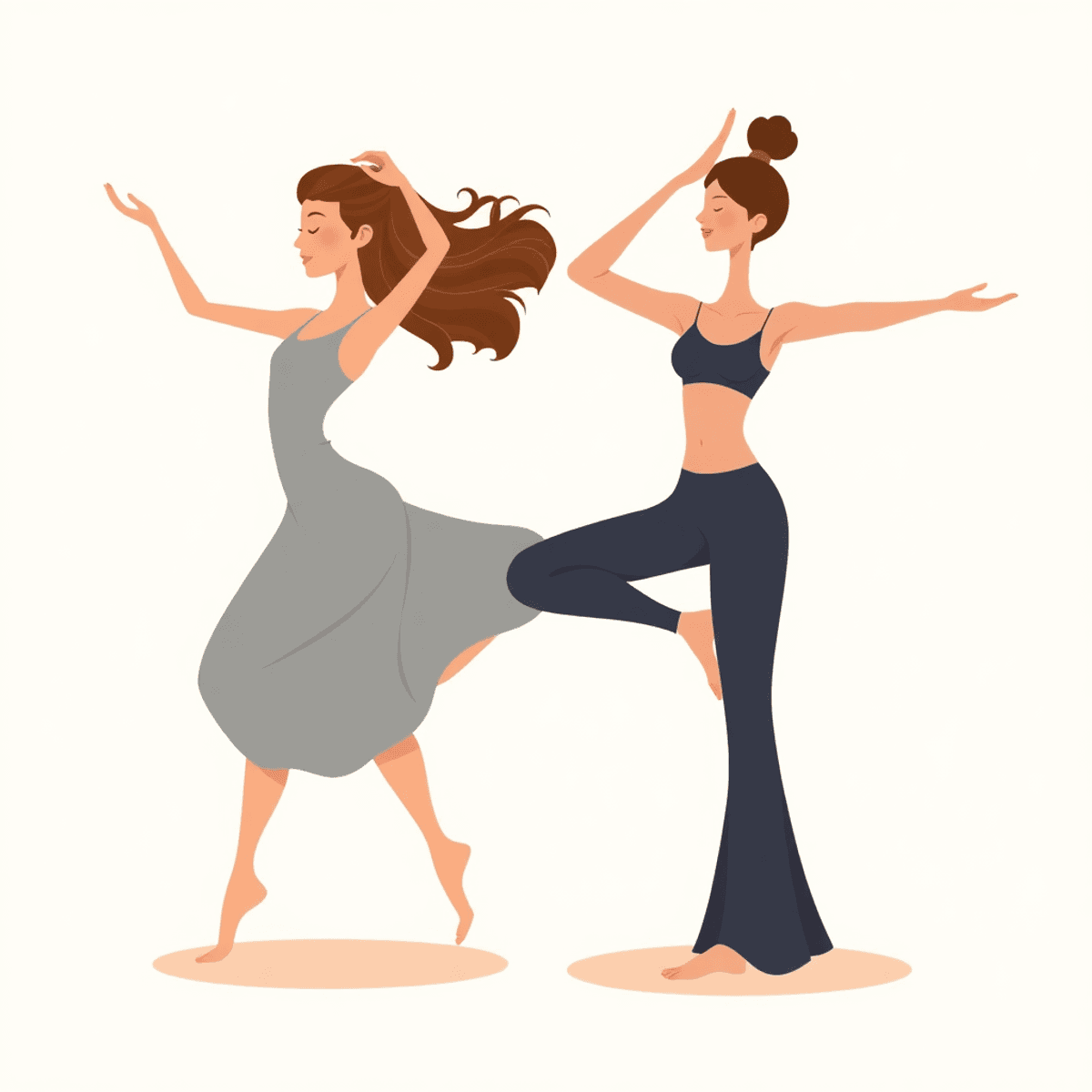 Cartoon of a dancer, a yogi in a balanced pose, and a dynamic mover against a soft, elegant background symbolizing empowerment and artistic expression.
