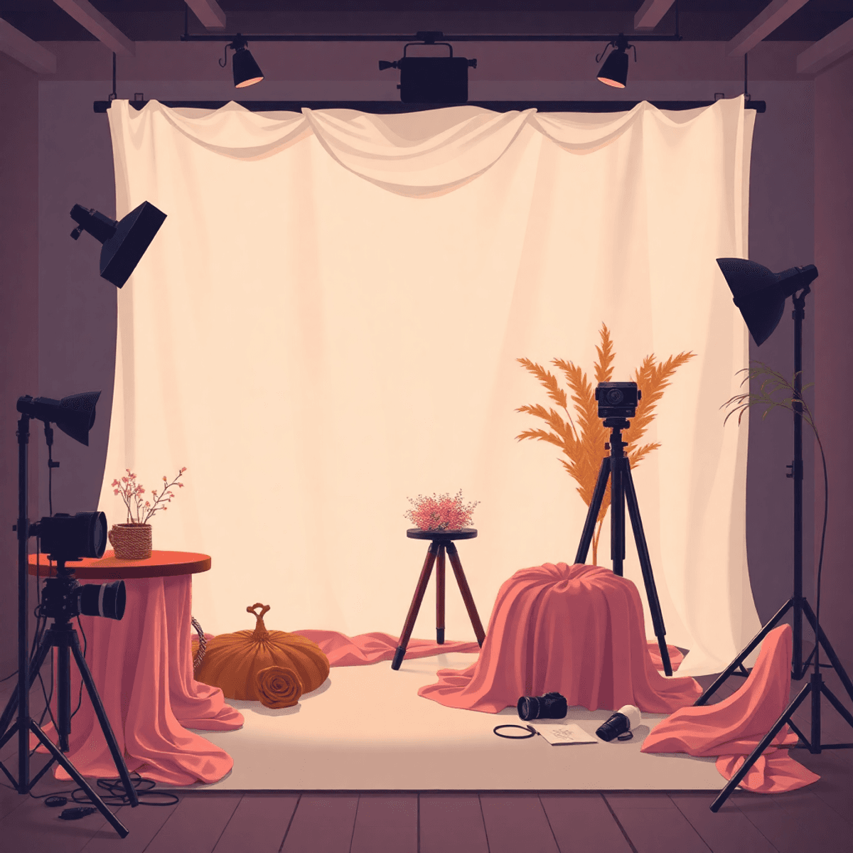 Cartoon-style cozy photography studio with soft lighting, elegant fabrics, artistic cameras, and subtle boudoir and erotic art elements, no people shown.