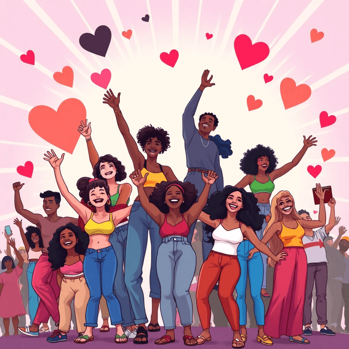 Colorful cartoon scene of joyful people in expressive poses surrounded by vibrant abstract shapes symbolizing love and self-expression.