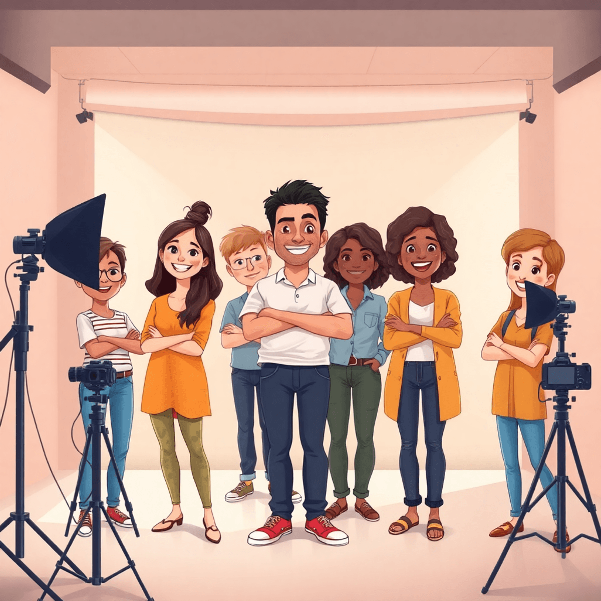 Cartoon-style photo studio with diverse people of various ages confidently posing, surrounded by soft natural light and simple photography equipment.