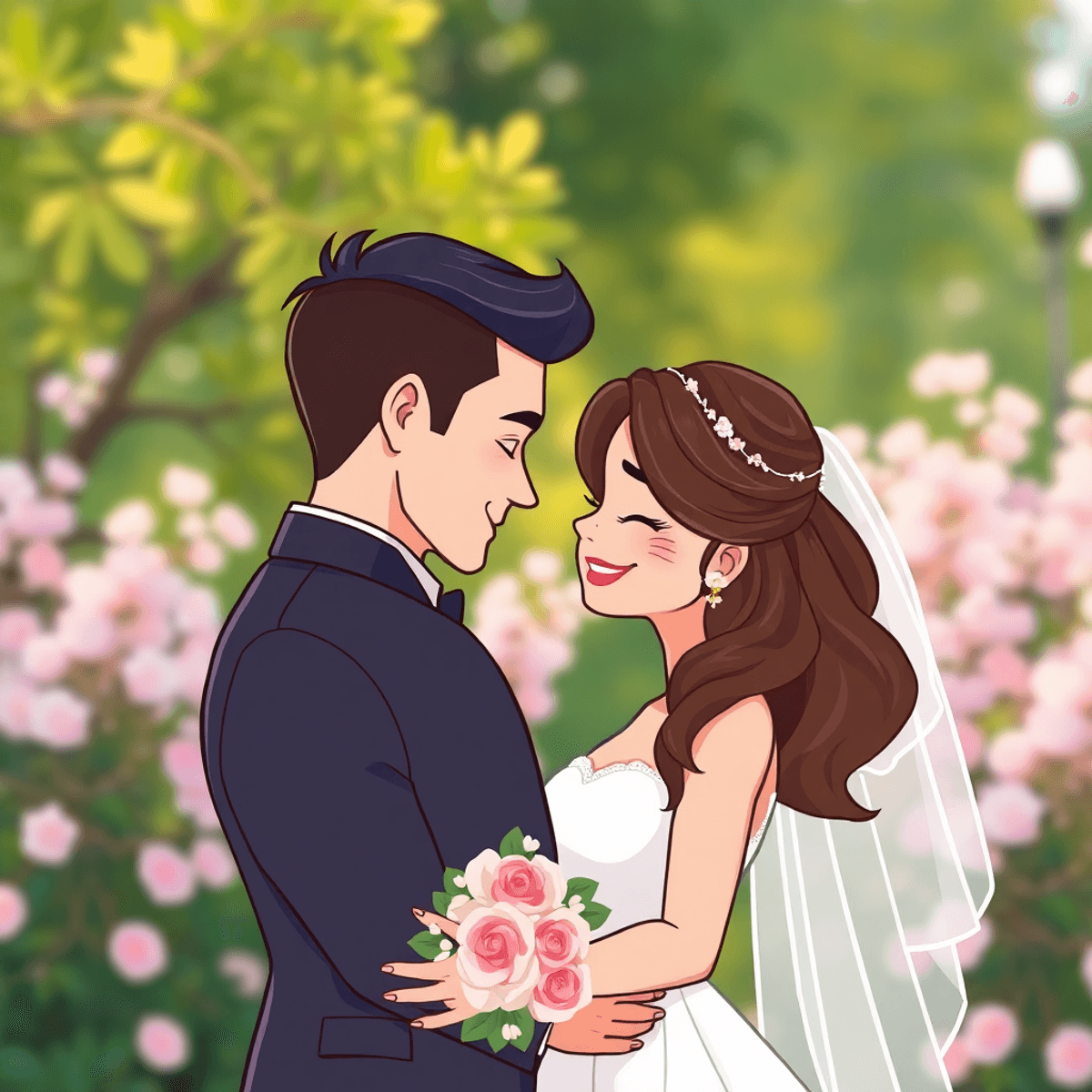 A cartoon couple sharing a tender moment in a romantic outdoor setting, surrounded by lush greenery and blooming flowers, bathed in soft, natural light.