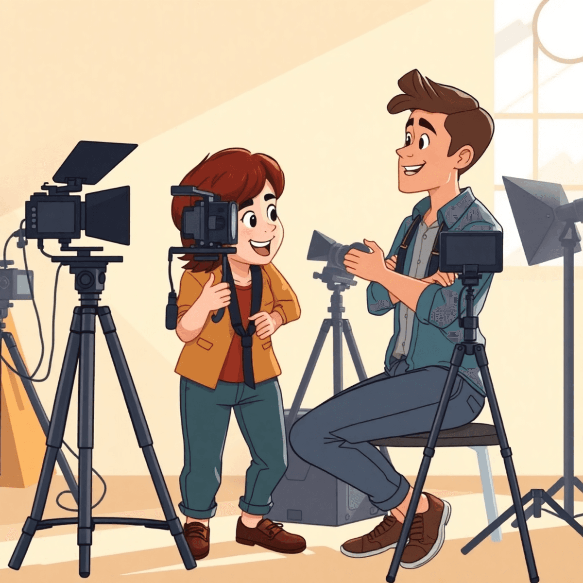 Cartoon of a photographer and client chatting warmly amid photography gear and soft natural light, symbolizing clear communication in a creative photoshoot.