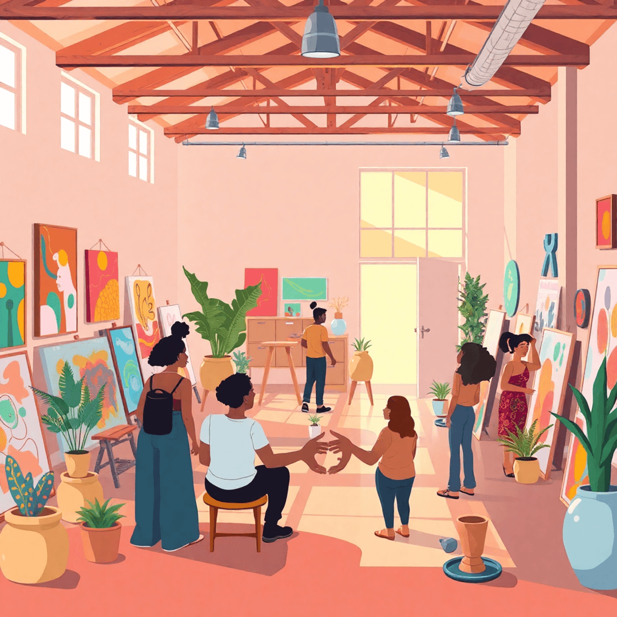 Cartoon art studio with artists collaborating, warm sunlight, colorful abstract art, open doors, and intertwined hands symbolizing inclusivity and creative freedom.