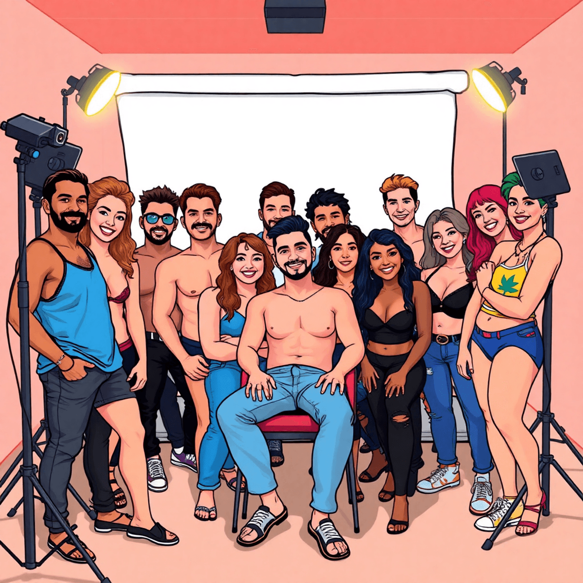 Cartoon-style vibrant studio with diverse individuals expressing confidence and authenticity, warm lighting, and a welcoming, inclusive atmosphere.