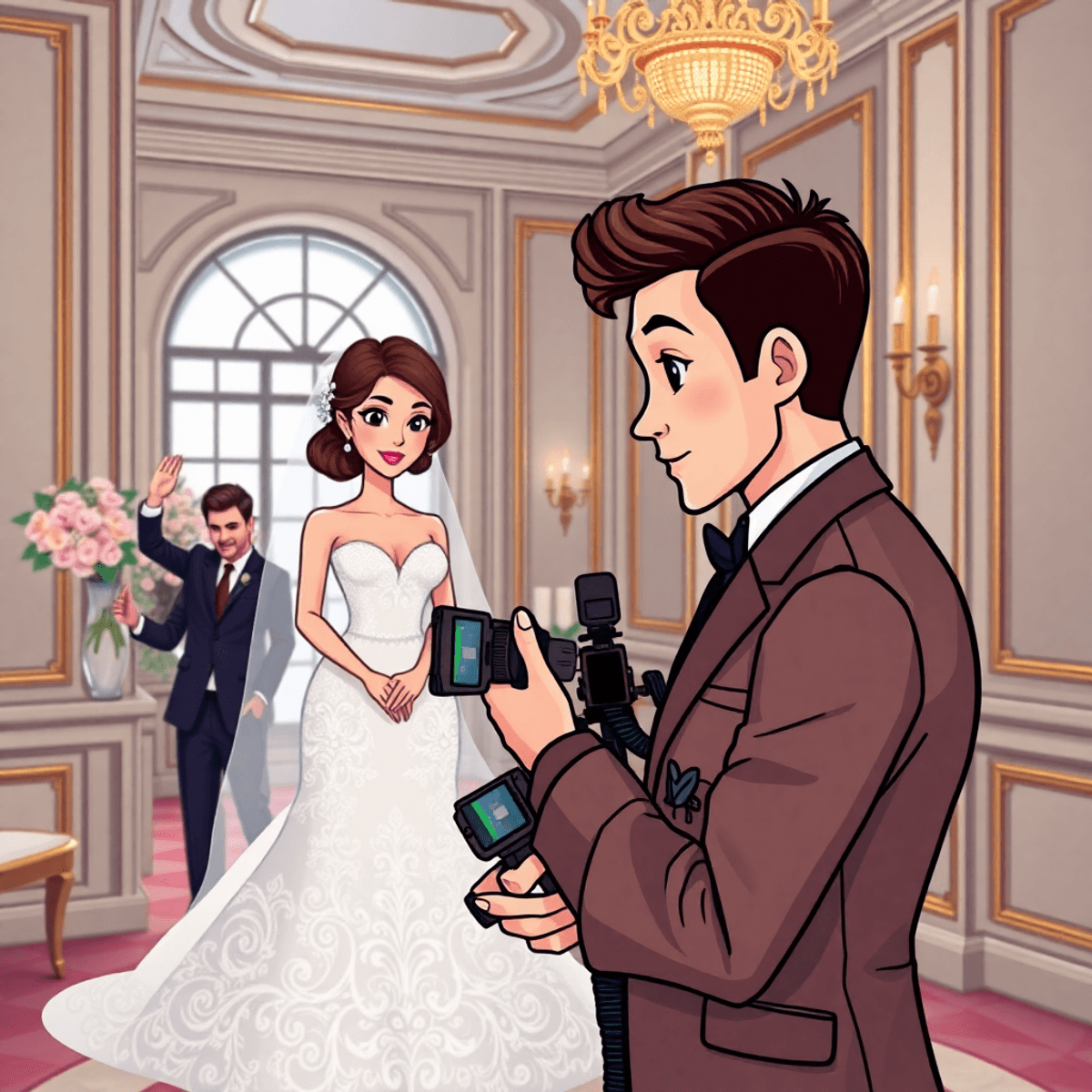 Cartoon-style luxurious wedding scene with elegant bridal portraits, sophisticated details, and a professional photographer capturing moments in an upscale setting.