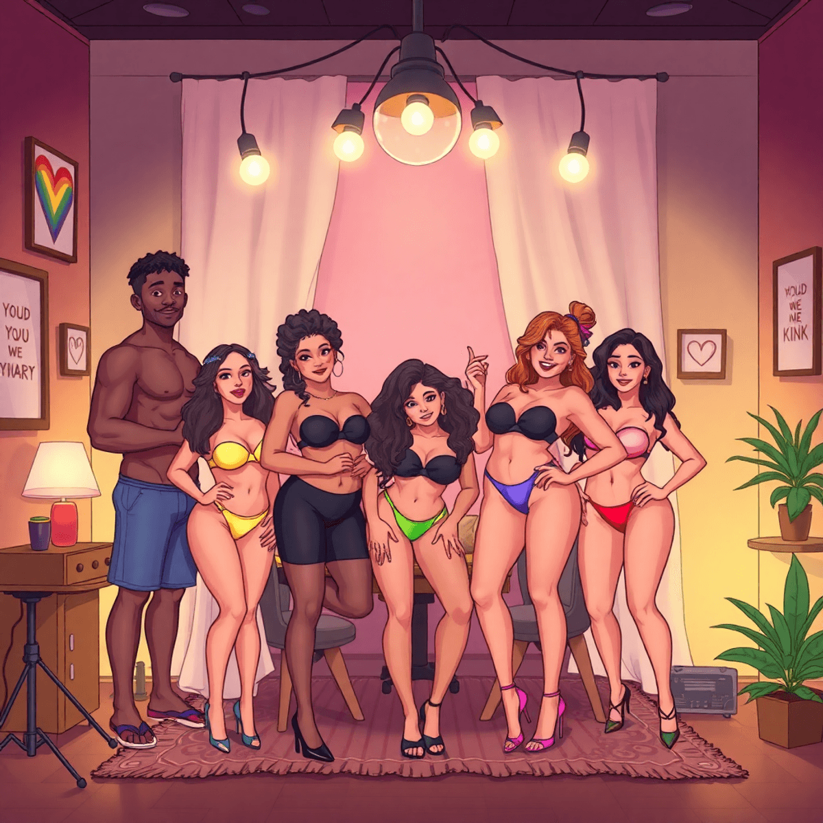 Cartoon-style boudoir studio with diverse people posing confidently, warm lighting, and inclusive LGBTQIA+ and kink symbols celebrating empowerment and individuality.