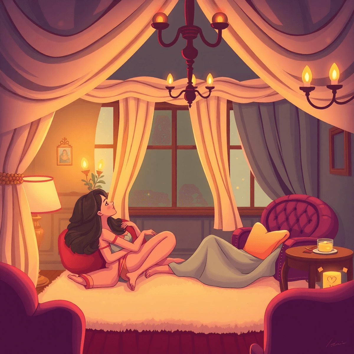Cozy boudoir with warm lighting, luxurious fabrics, and a playful, joyful atmosphere in cartoon style, conveying intimacy and confidence.
