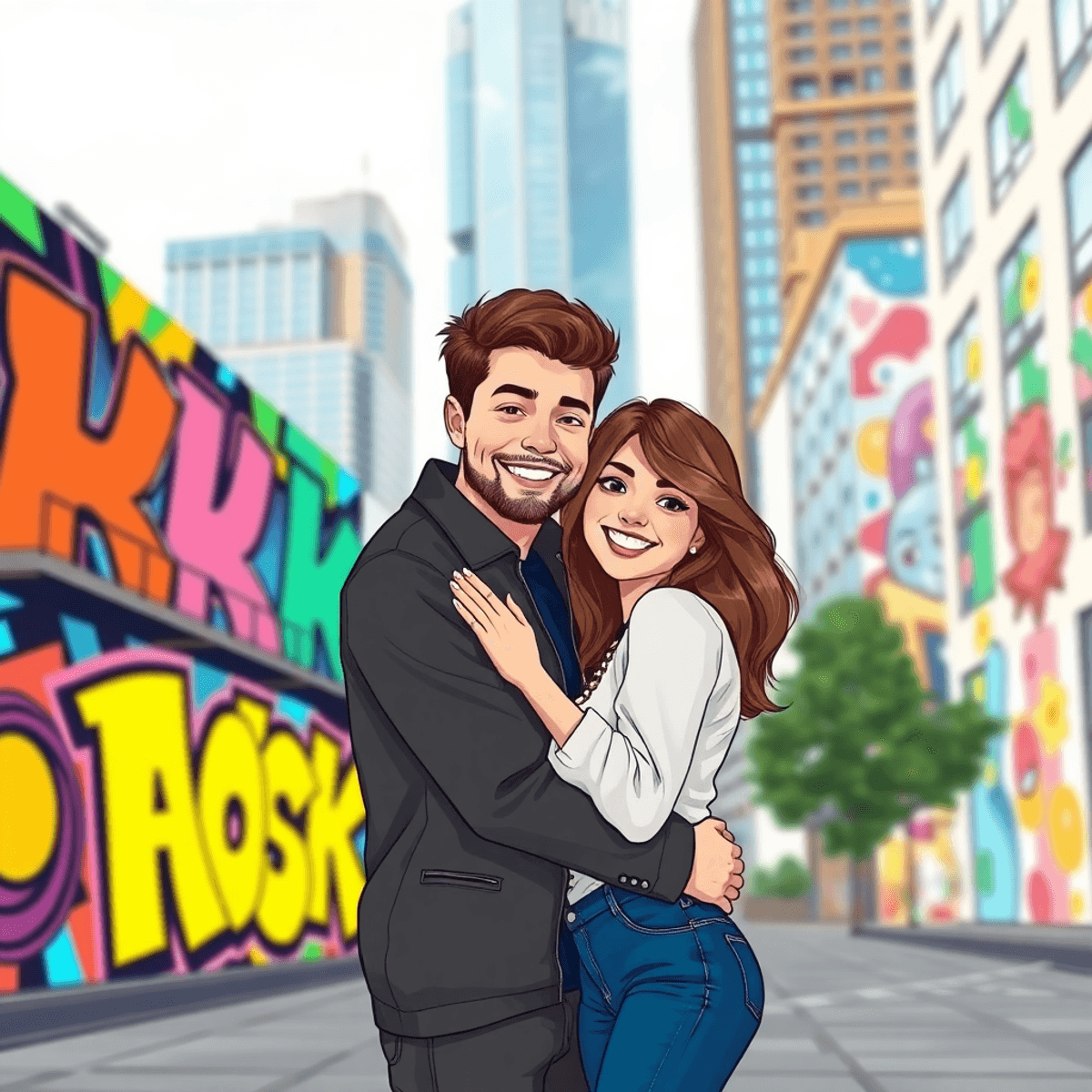 Cartoon of a happy couple embracing in front of colorful street art and city skyscrapers, capturing vibrant urban life and a romantic atmosphere.